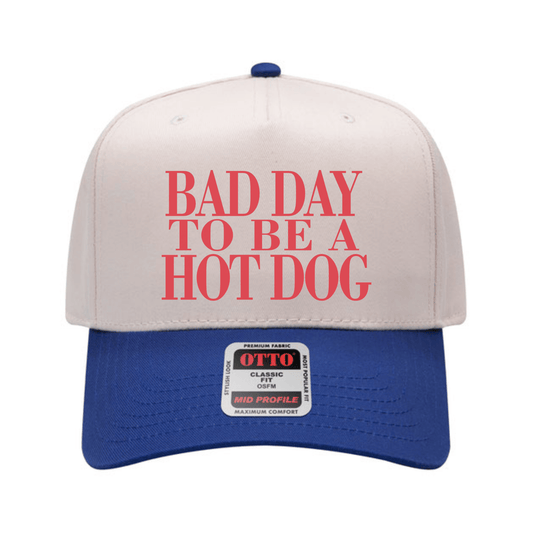 Bad Day to Be a Hot Dog OTTO 31-069 mid-profile hat with canvas crown and royal blue bill on white background