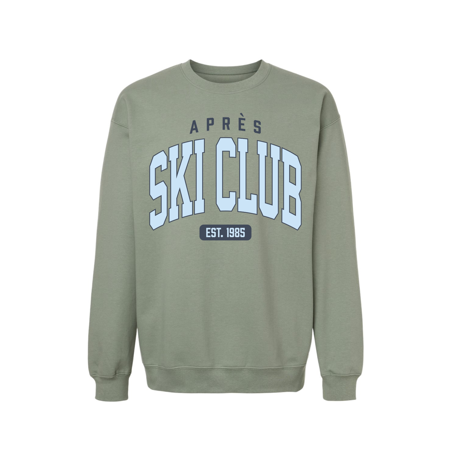 Sage green Après Ski Club crewneck featuring a blue collegiate winter graphic for cozy mountain style.