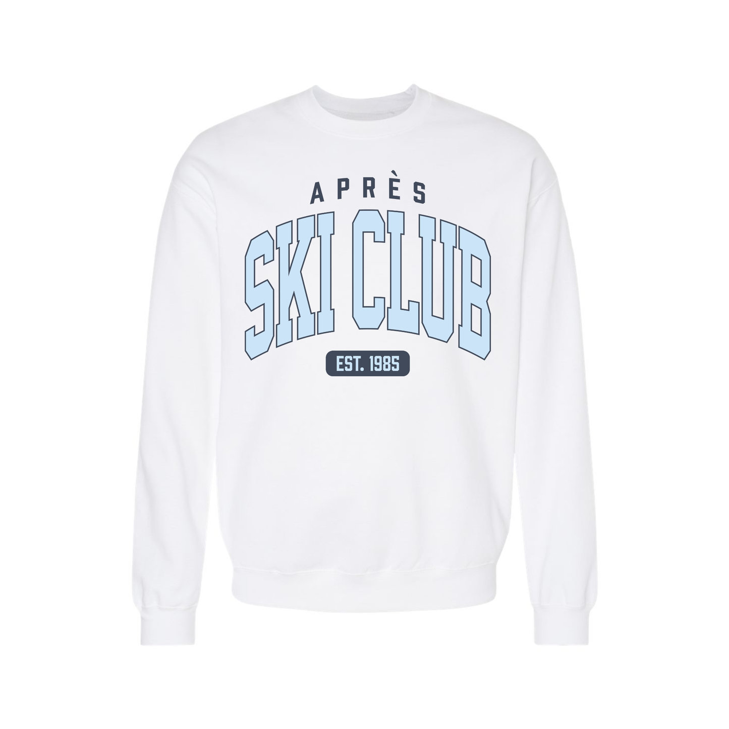 White Après Ski Club crewneck sweatshirt with oversized blue varsity-style graphic perfect for ski trips and winter vacations.