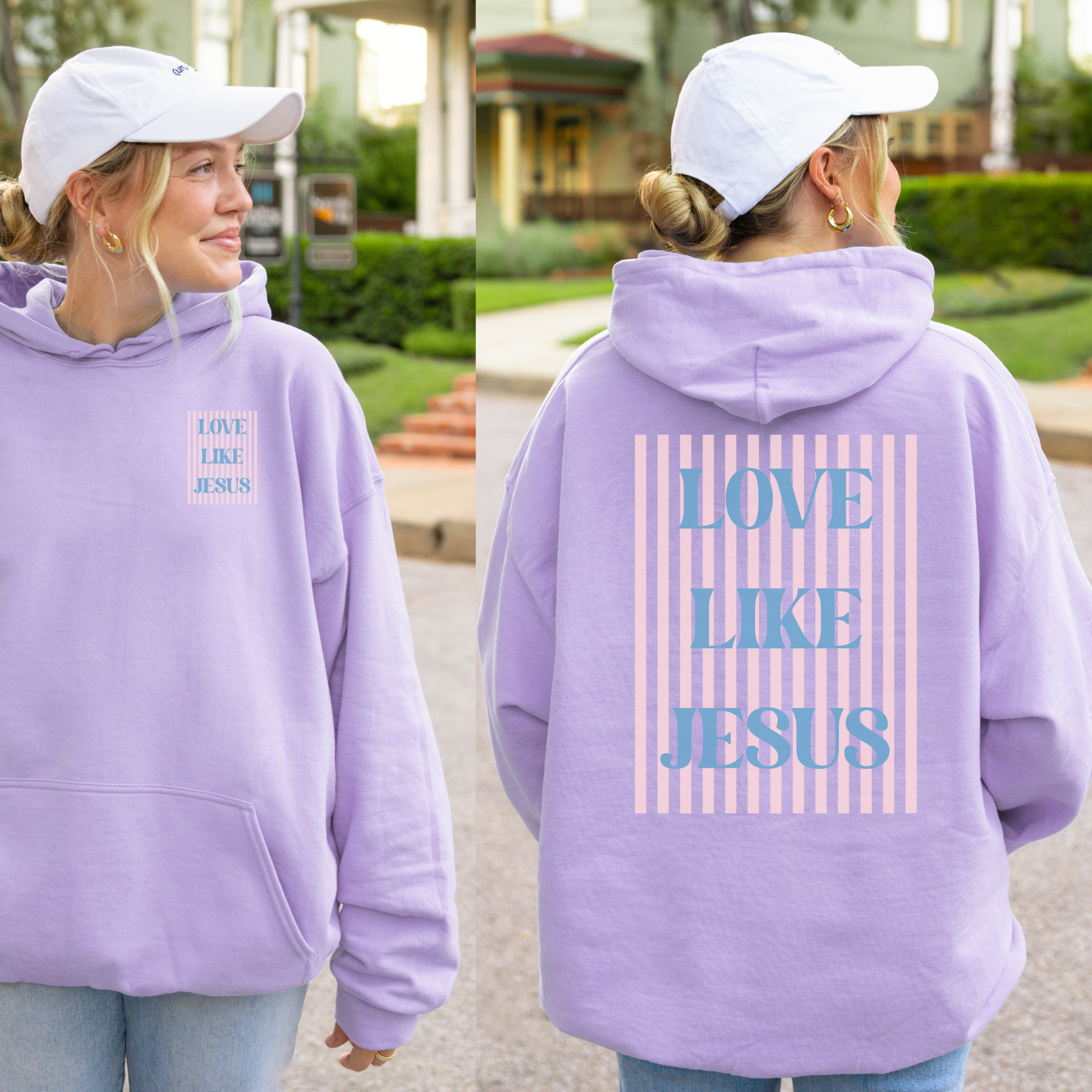 Orchid hoodie showing small front and bold striped back Christian graphic print.