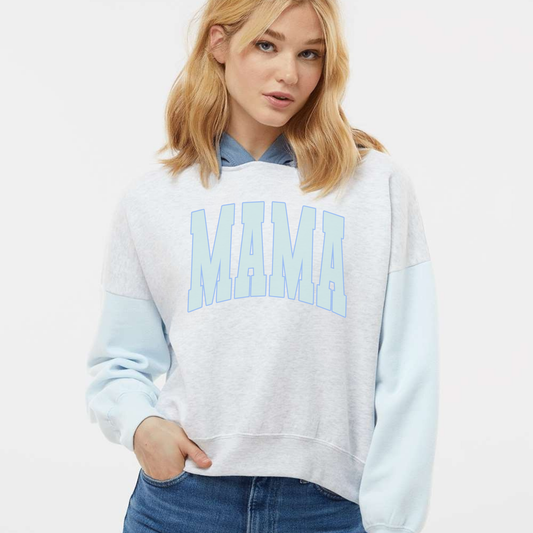 Woman wearing mama colorblock cropped hoodie with contrast hood and sleeves