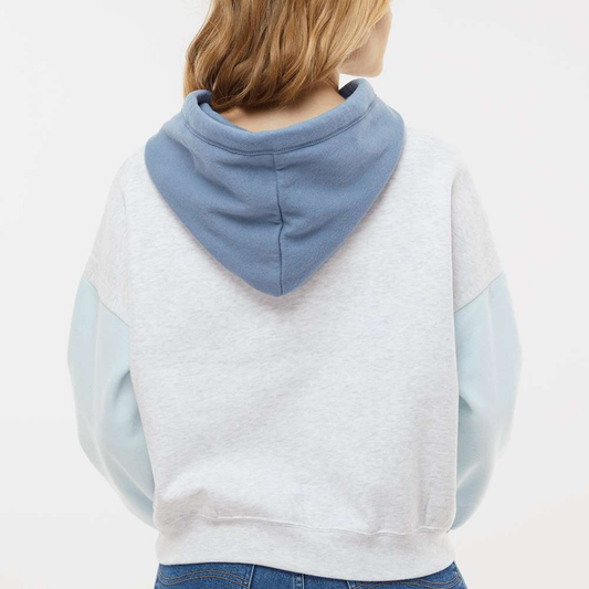 Back view of cropped mama hoodie showing contrast hood detail