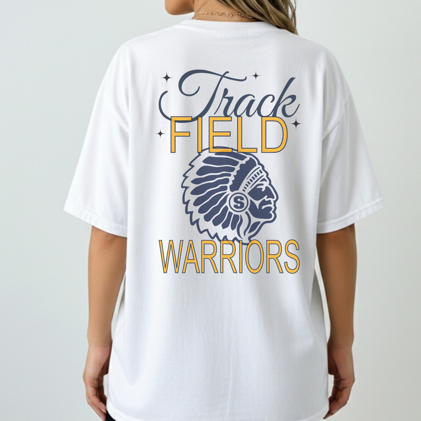 White t-shirt with 'Track Field Warriors' design on the back against a plain background