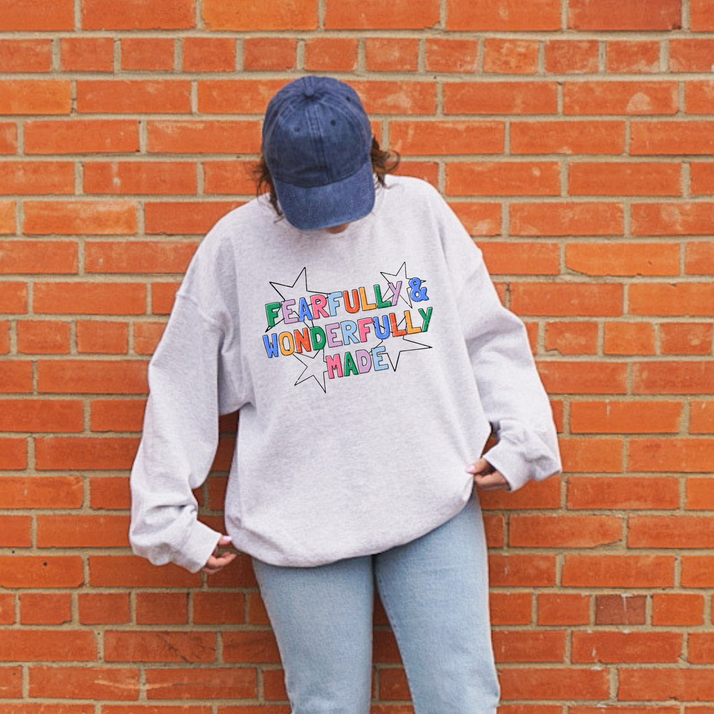 ash grey crewneck sweatshirt fearfully and wonderfully made colorful lettering christian affirmation shirt