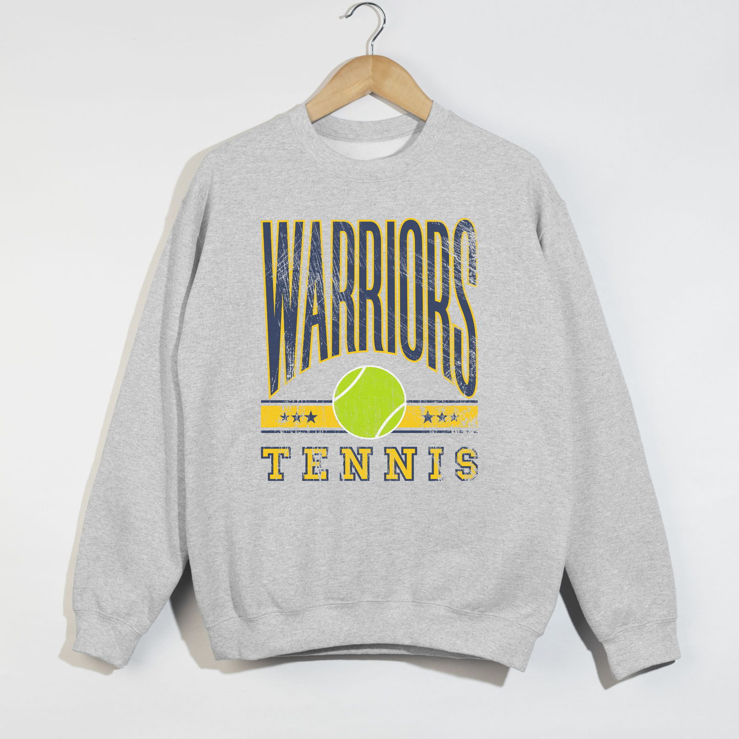 Warriors Tennis vintage graphic sweatshirt in ash grey with collegiate lettering and distressed tennis ball artwork
