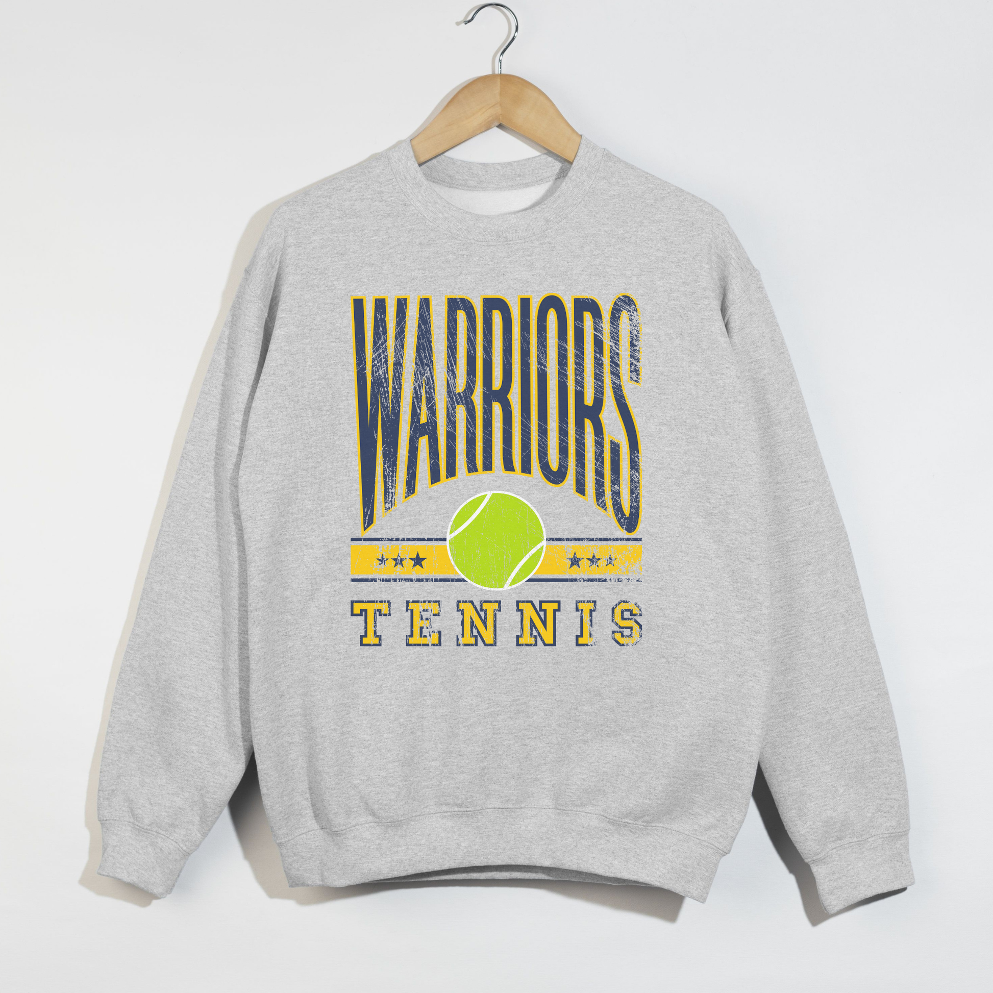 Warriors Tennis vintage graphic sweatshirt in ash grey with collegiate lettering and distressed tennis ball artwork