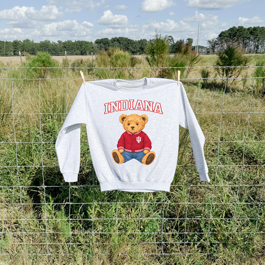 Ash grey Indiana teddy bear sweatshirt hanging on a rustic wire fence outdoors, featuring red arched Indiana lettering and a golden teddy bear wearing a crimson varsity jacket with IU logo.