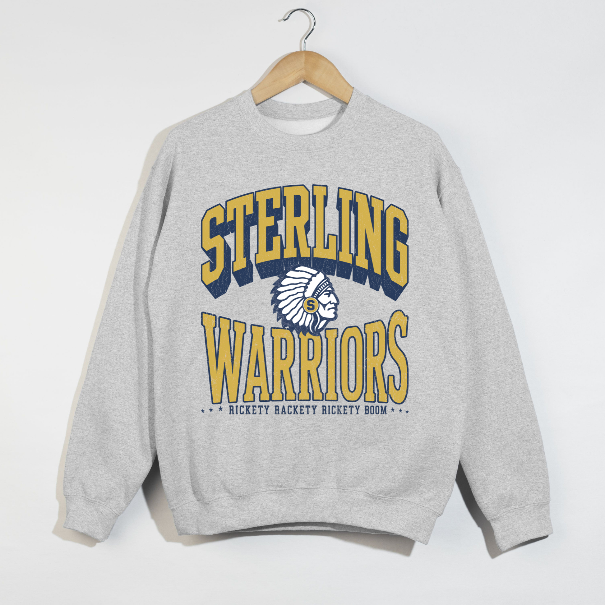Ash grey Sterling Warriors retro game day sweatshirt featuring distressed varsity lettering and Warrior mascot artwork.