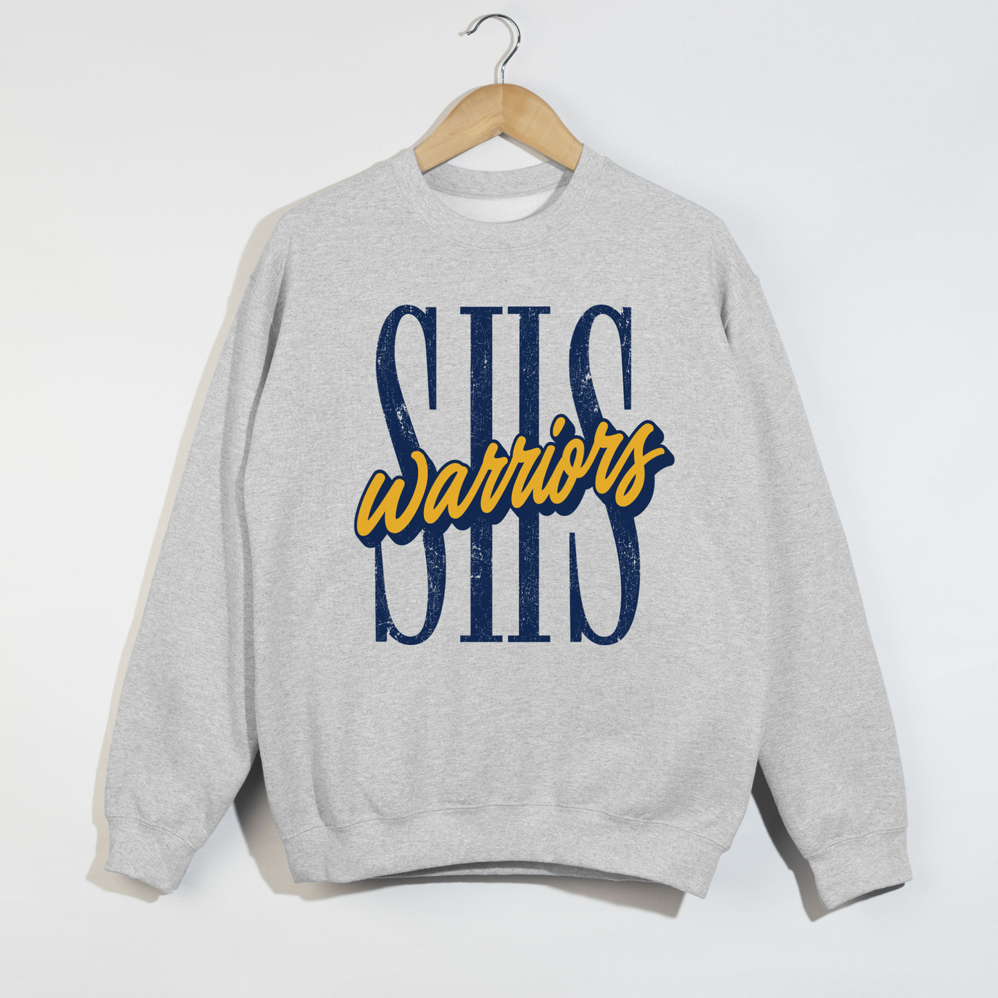 Ash grey Sterling Warriors SHS graphic sweatshirt featuring distressed varsity SHS lettering and navy and gold Warriors script.