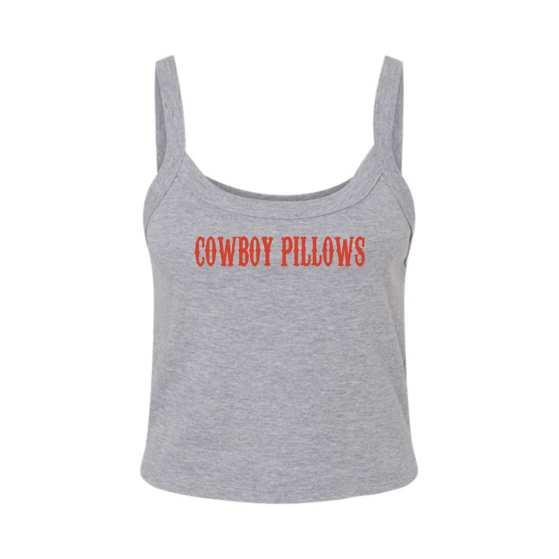Gray tank top with 'COWBOY PILLOWS' text in red on a white background