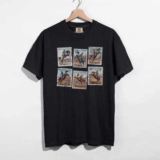 Black Comfort Colors graphic tee with vintage rodeo stamp collage design