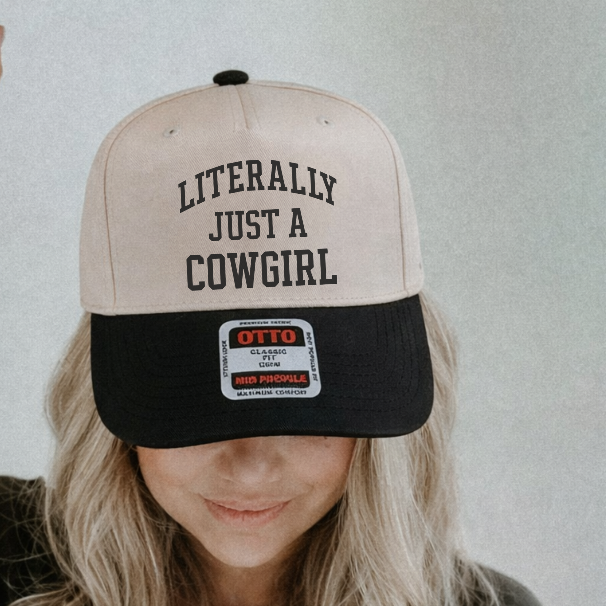 Literally Just a Cowgirl western cowgirl hat canvas Otto with black brim worn front view