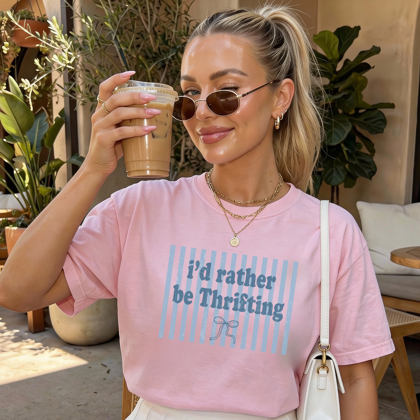 Woman wearing pink thrift-themed graphic t-shirt holding iced coffee outdoors