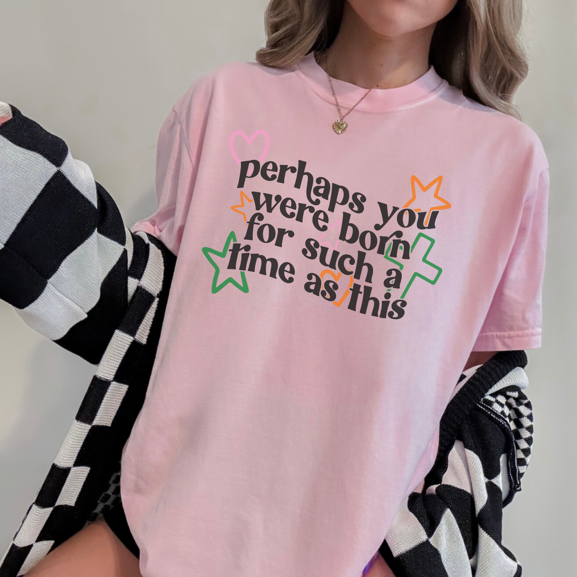 Pink Comfort Colors t-shirt with “Perhaps You Were Born for Such a Time as This” — Christian retro graphic tee for women