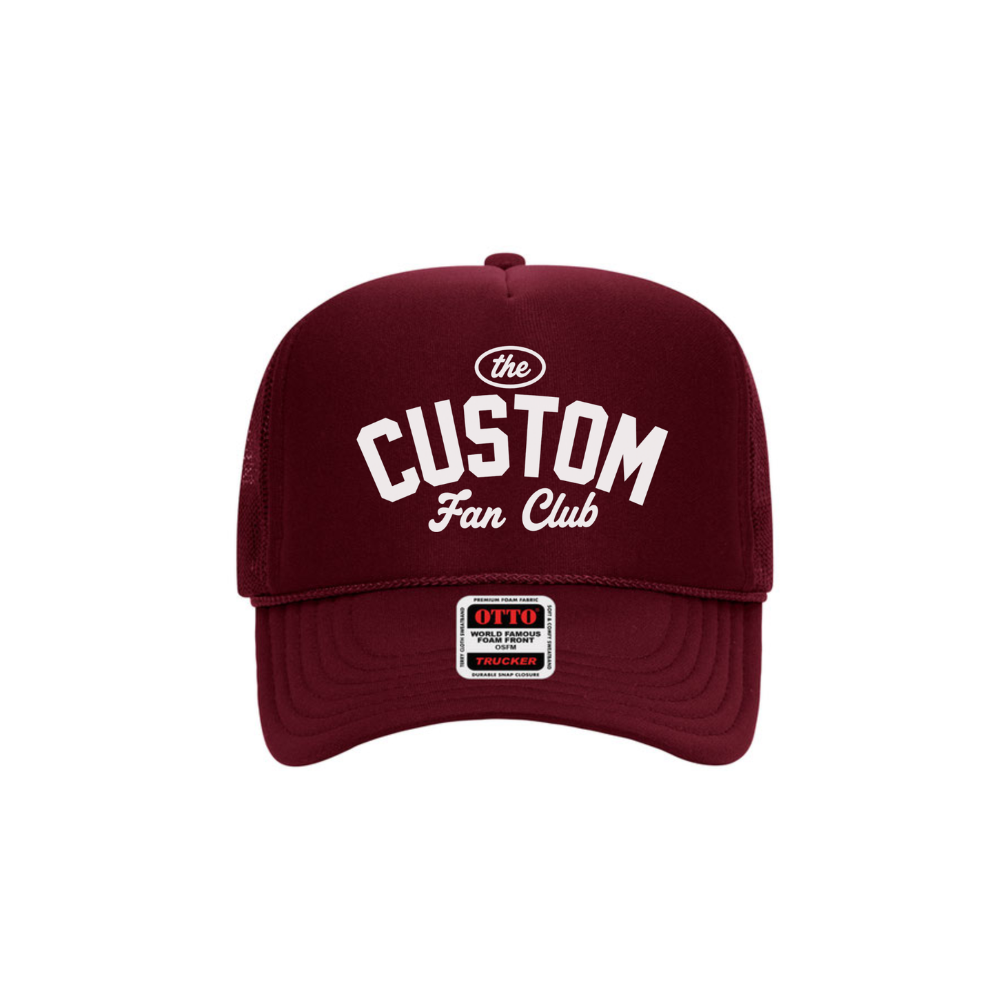 Maroon personalized team fan club trucker hat with customizable wording.