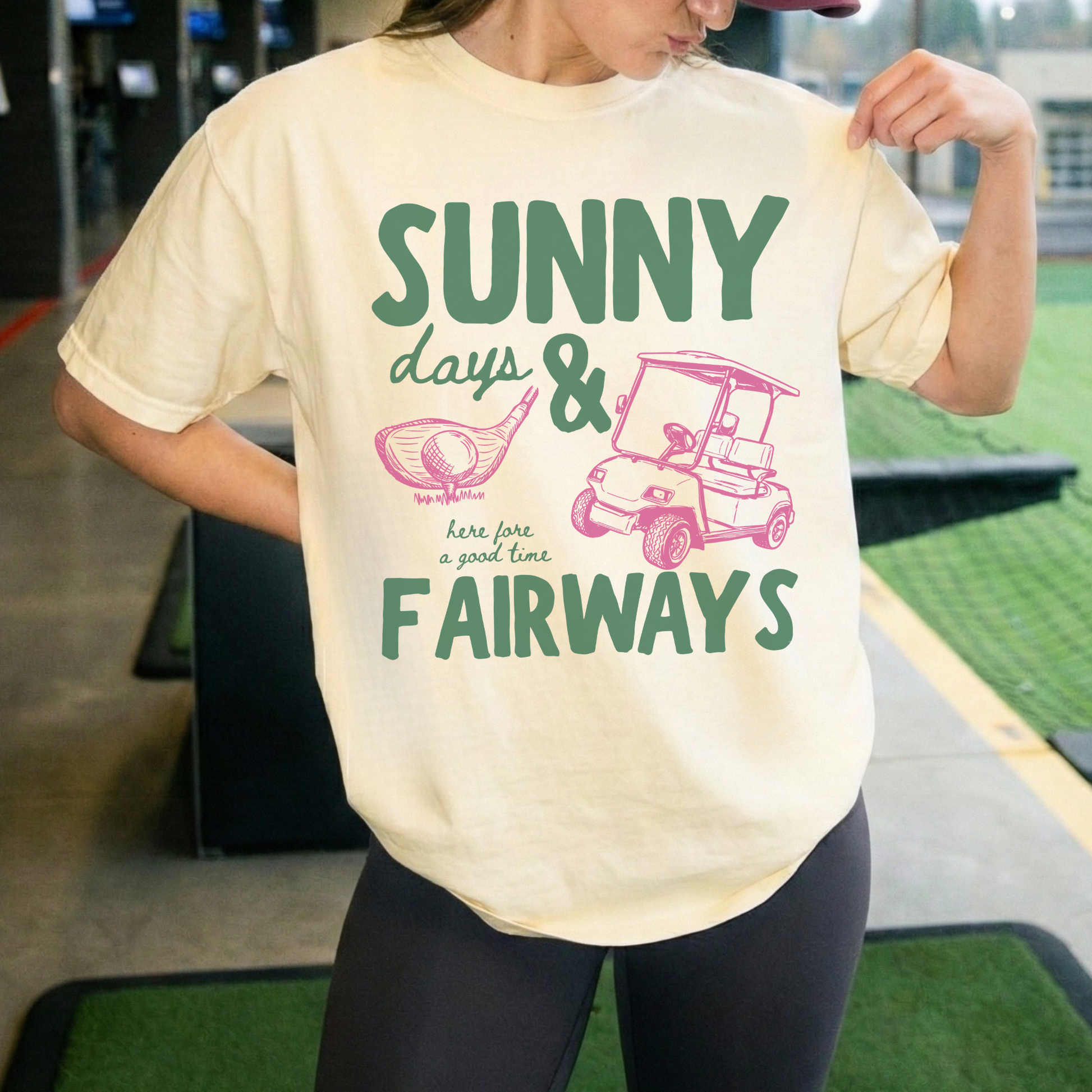 Yellow Sunny Fairways graphic tee minimal golf shirt aesthetic summer outfit