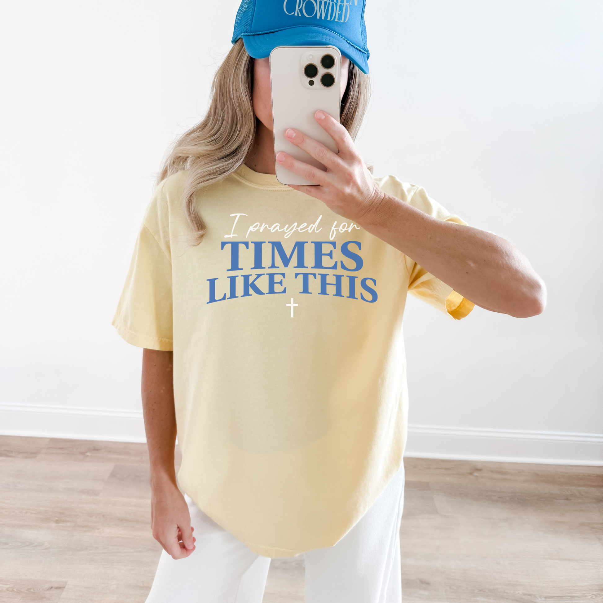 Woman wearing “I Prayed for Times Like This” Christian graphic tee styled casually
