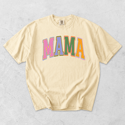Butter yellow Comfort Colors mama graphic tee with bright multicolor retro mama design