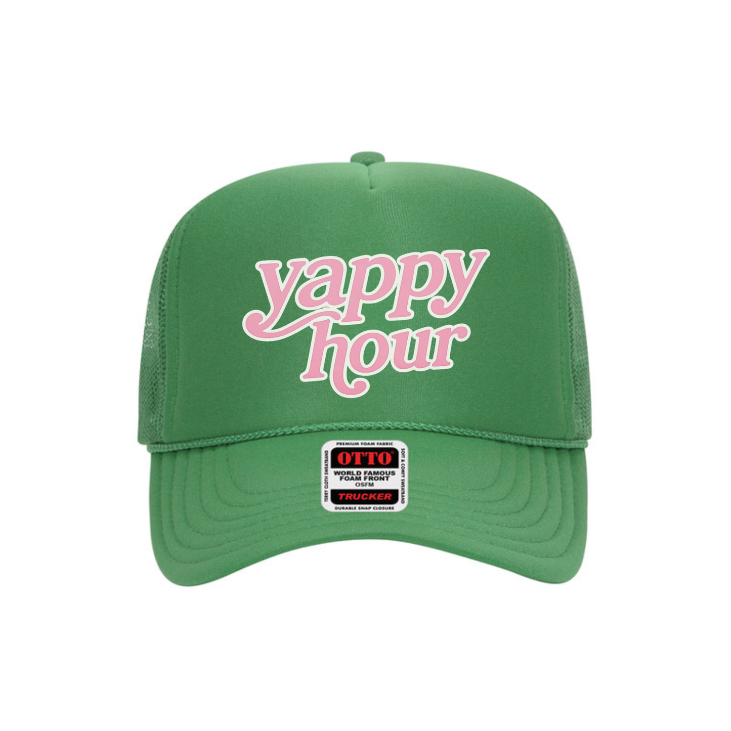 Green foam front yappy hour trucker hat with retro lettering