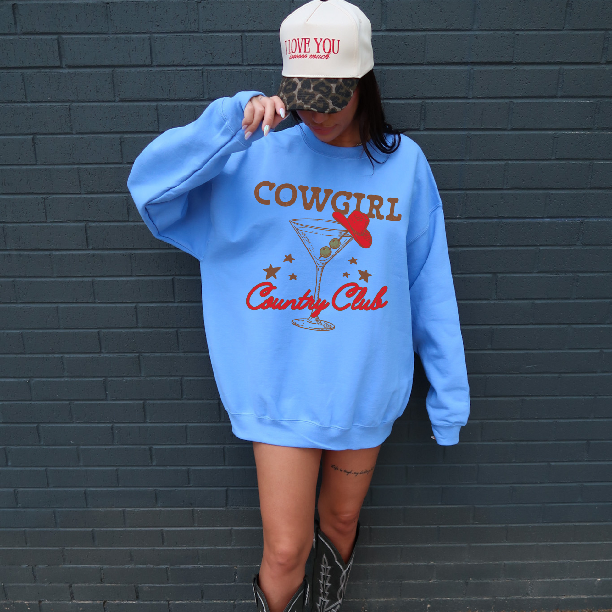 cowgirl country club sweatshirt blue oversized western graphic crewneck cowgirl martini design