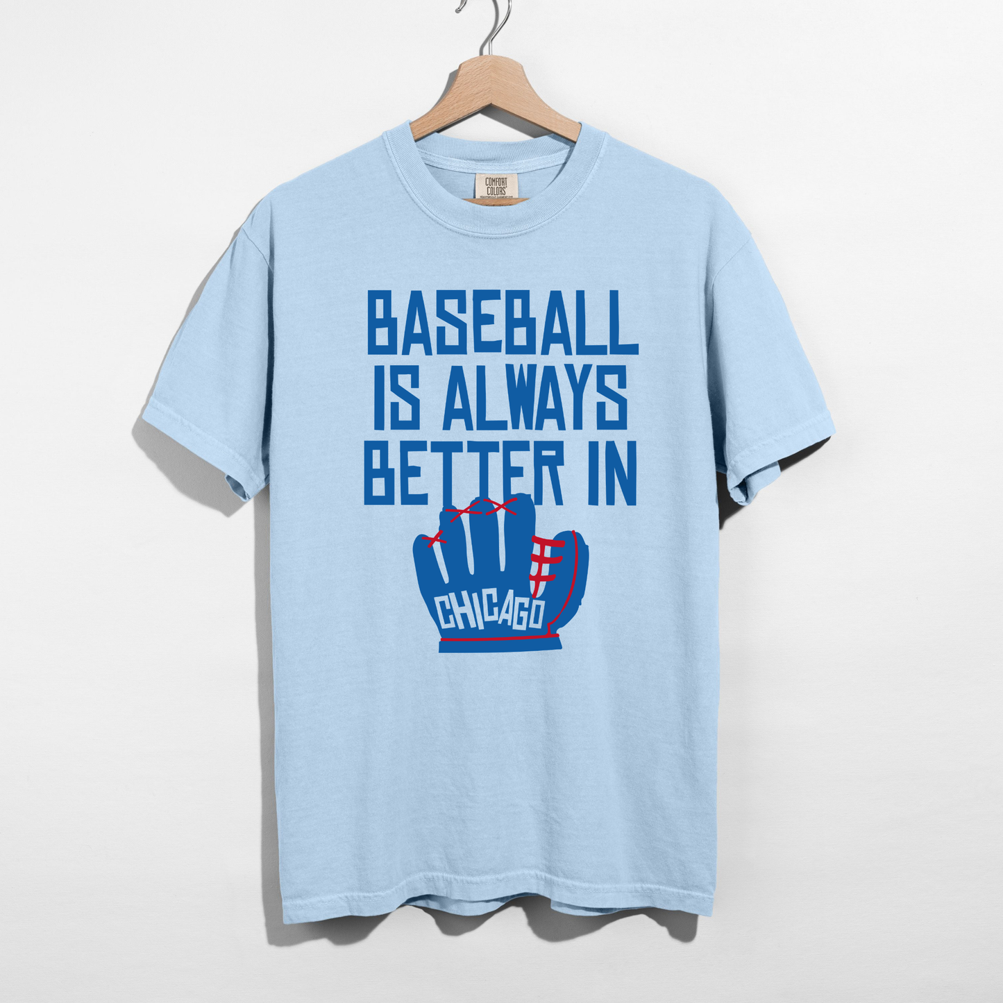 Chambray Comfort Colors Chicago Baseball Season tee with retro baseball glove graphic flat lay