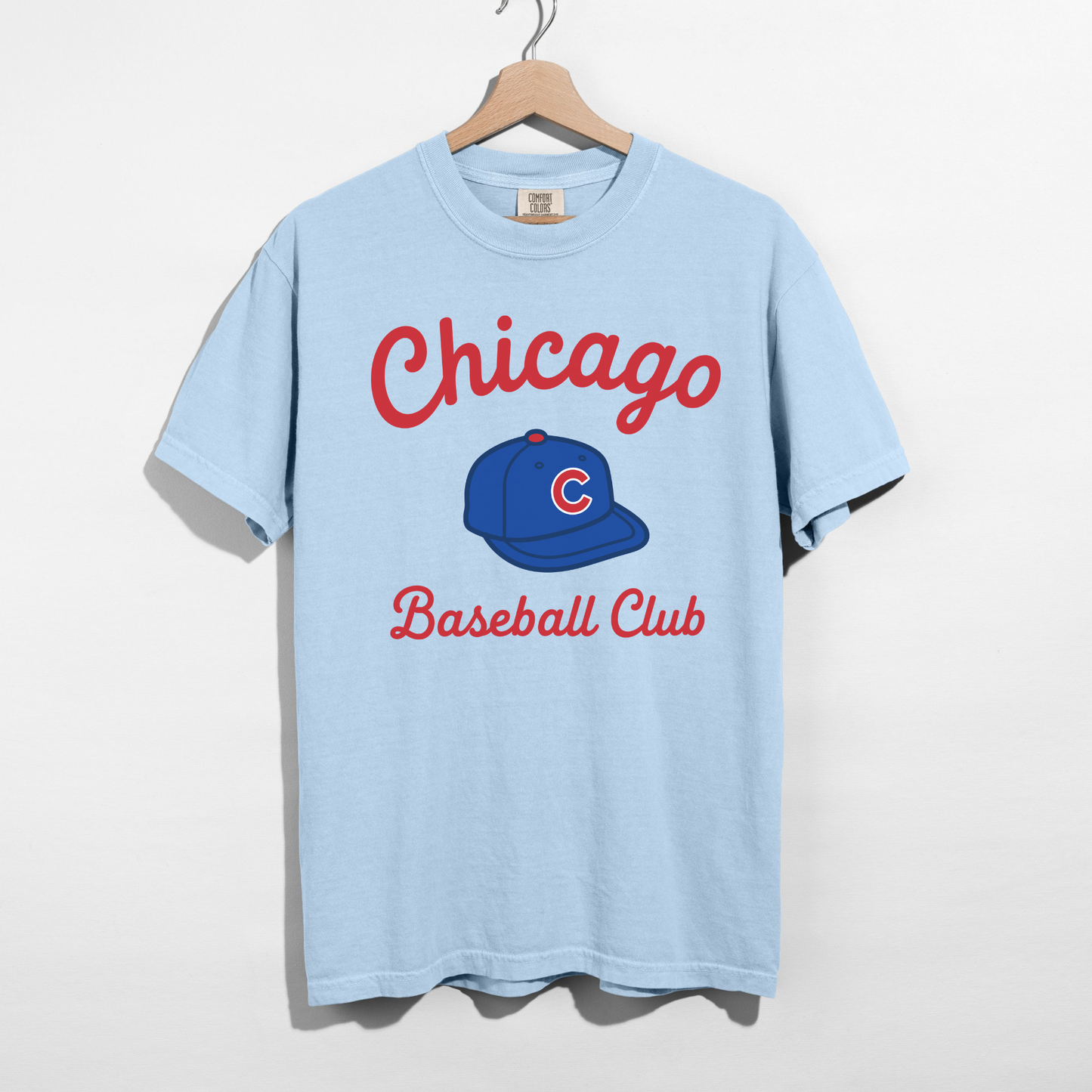 Chambray blue Chicago Baseball Club graphic tee printed on Comfort Colors 1717 shirt