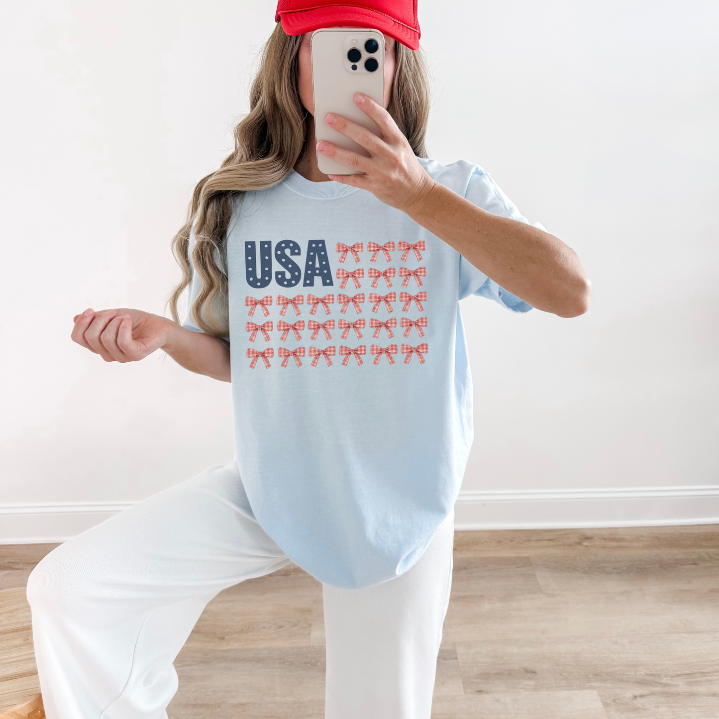 Light blue USA bow flag graphic tee with red gingham bows patriotic design
