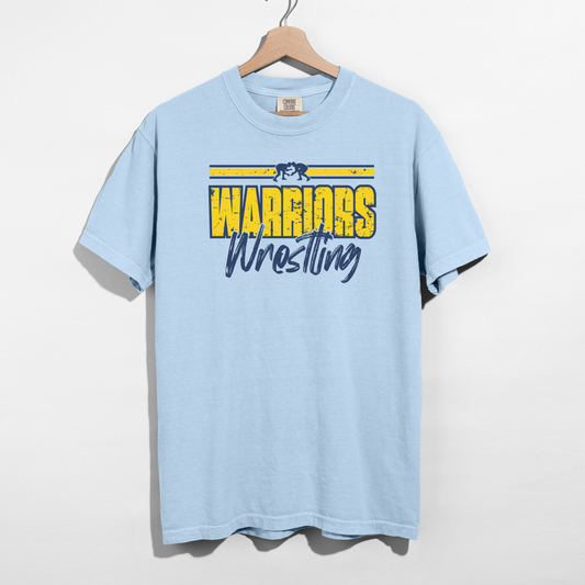 Light blue t-shirt with 'Warriors Wrestling' text on a hanger against a white background