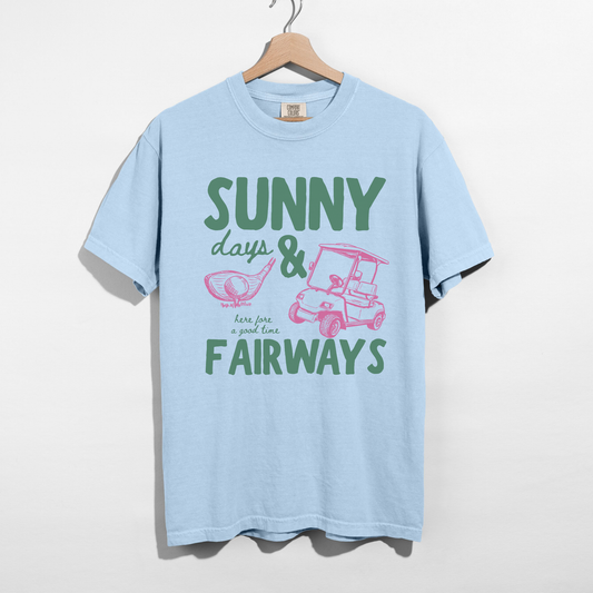 Light blue Sunny Fairways graphic tee relaxed fit golf outfit aesthetic