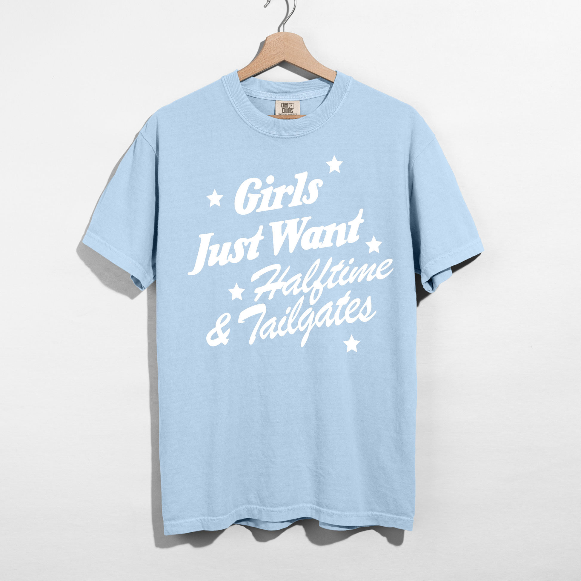 Chambray blue football season graphic tee featuring Girls Just Want Halftime & Tailgates design.