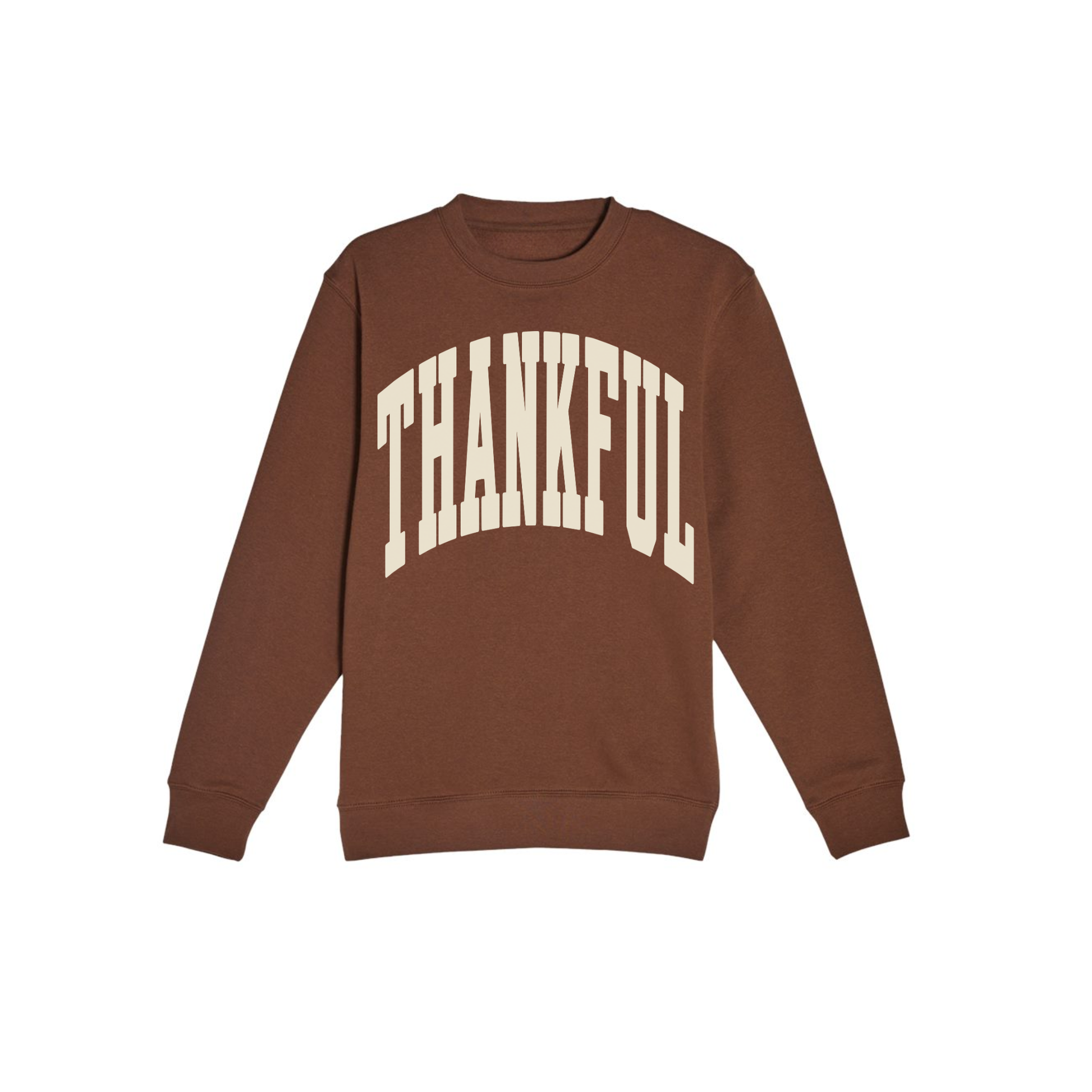 Chestnut brown Thankful graphic sweatshirt with oversized cream collegiate lettering for fall and Thanksgiving