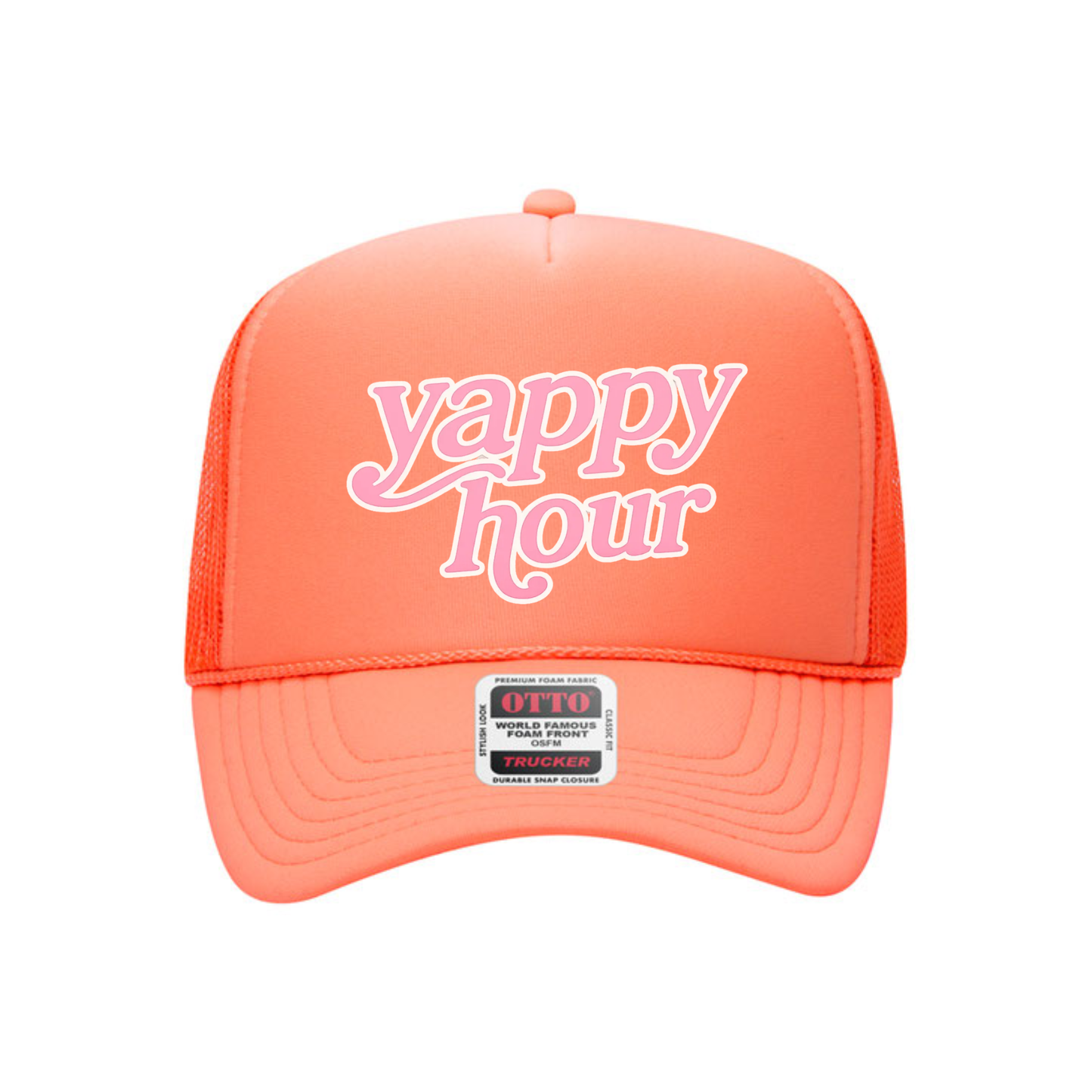 Coral foam trucker hat with yappy hour graphic