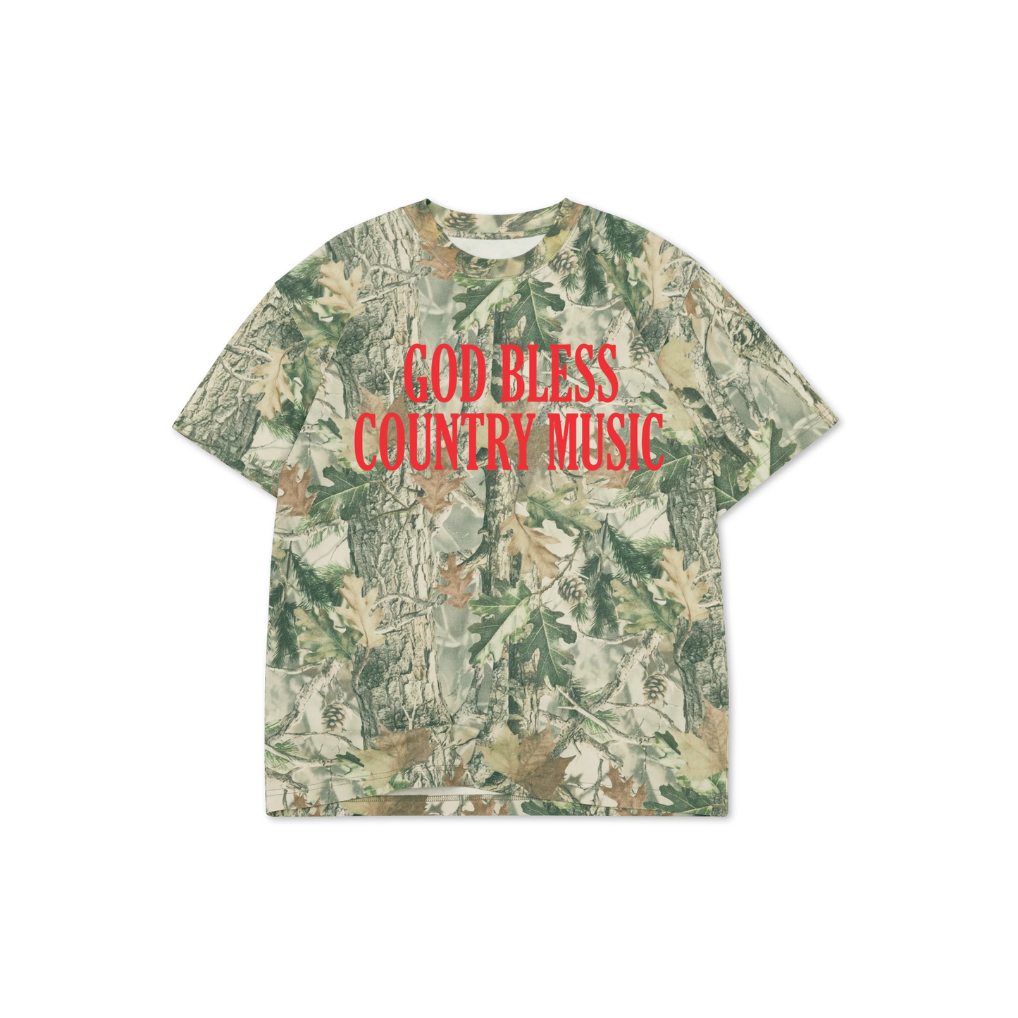 God Bless Country Music graphic printed in red on a vintage wood camouflage oversized cotton boxy tee with enzyme washed finish.