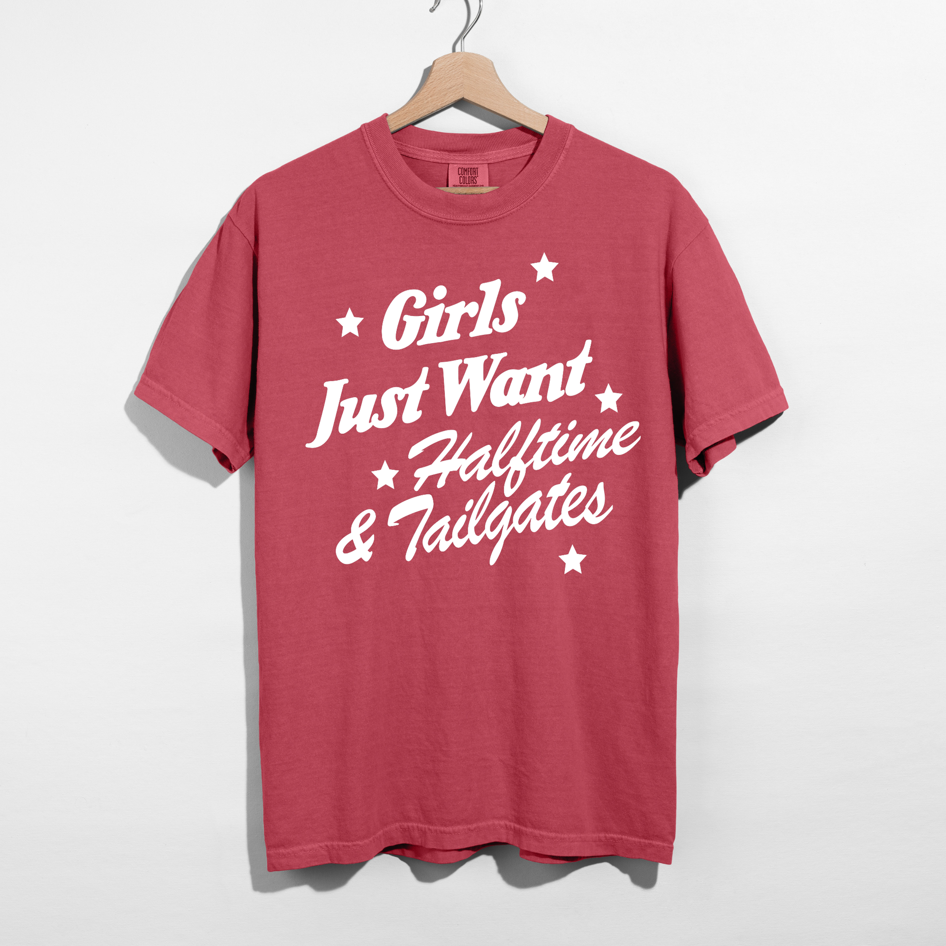 Crimson football tailgate shirt with bold Girls Just Want Halftime & Tailgates graphic.