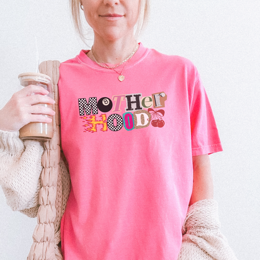Bright pink Mother Hood t-shirt lifestyle photo – bold mama graphic tee