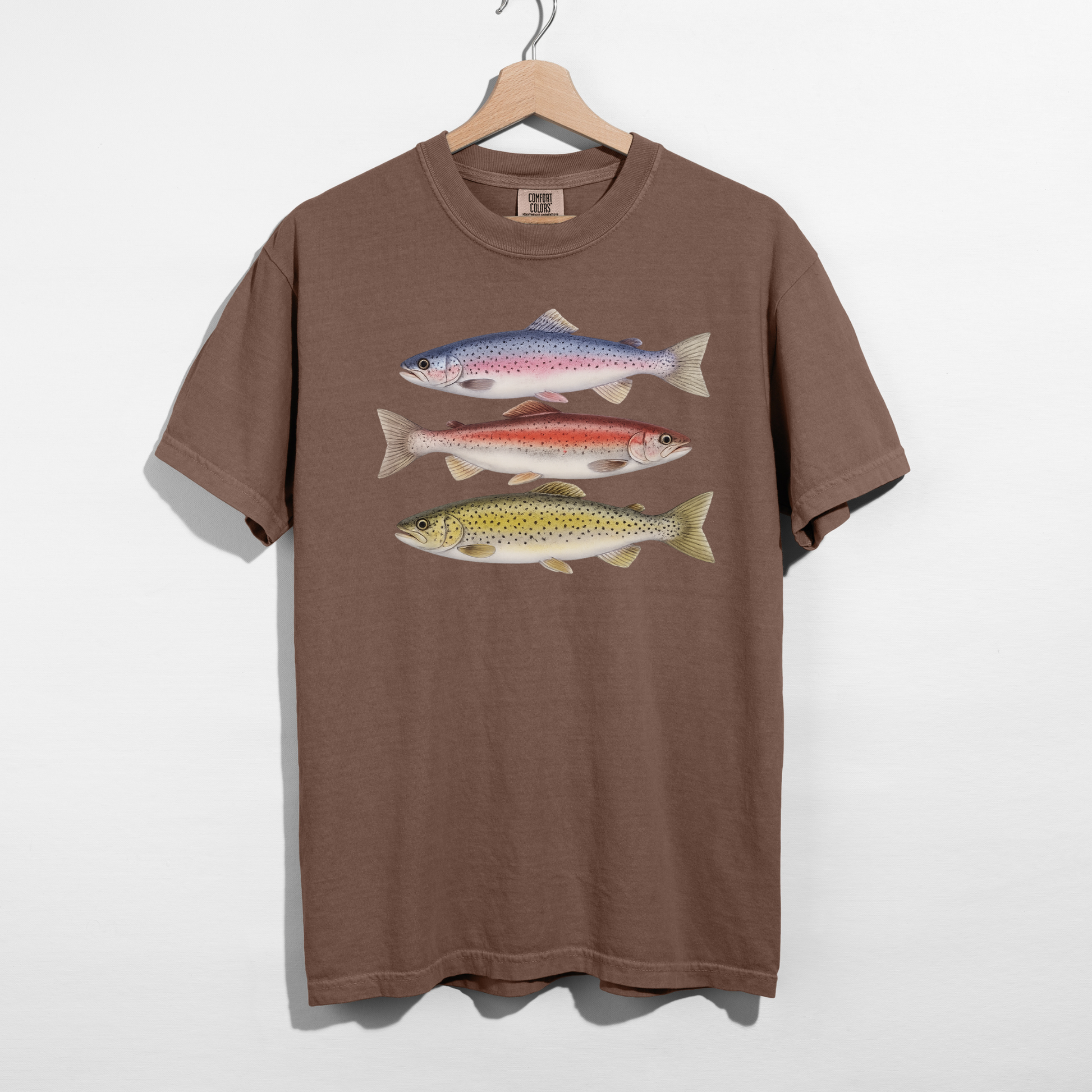 Espresso brown fishing graphic t-shirt featuring realistic trout illustrations