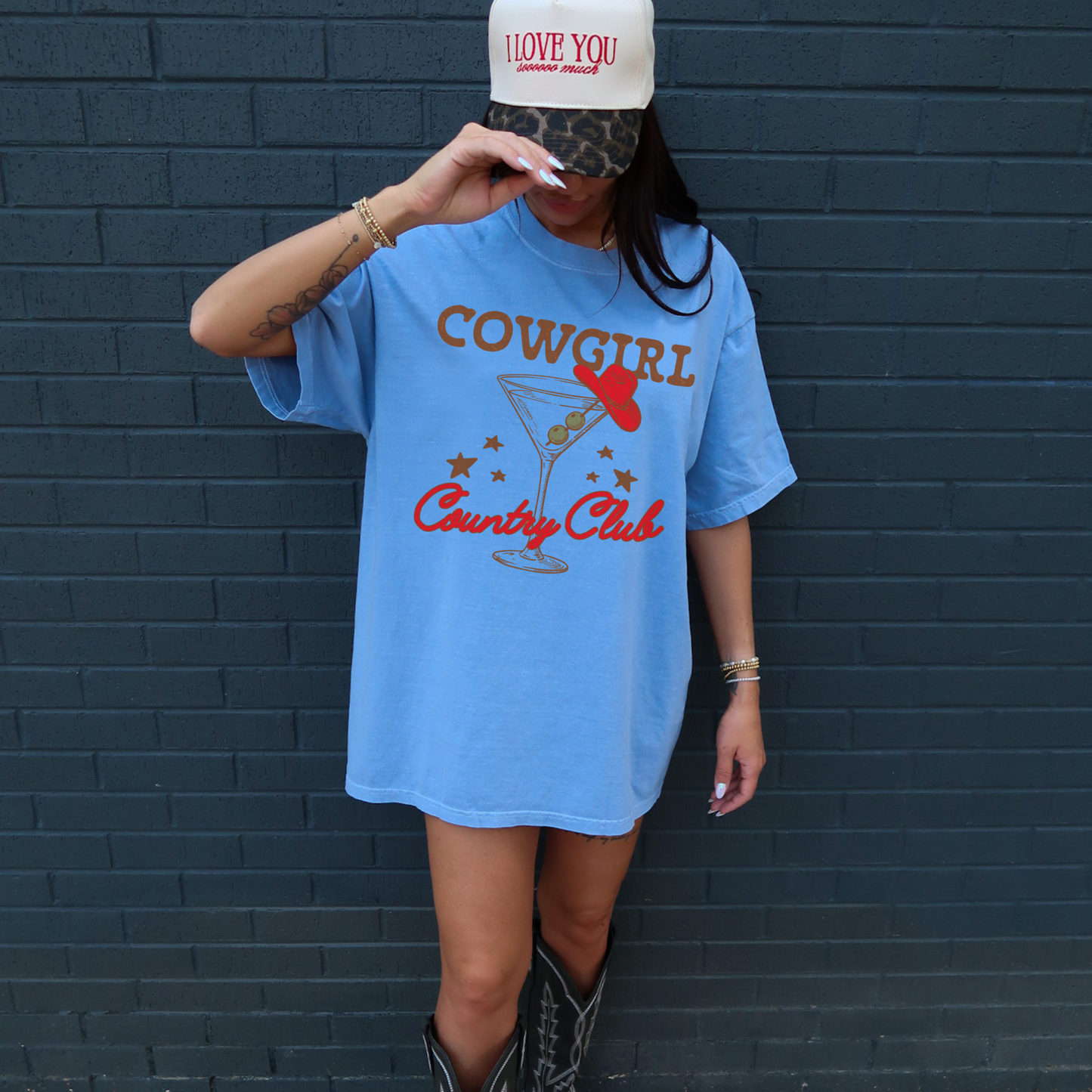 blue cowgirl country club graphic tee oversized western shirt model front
