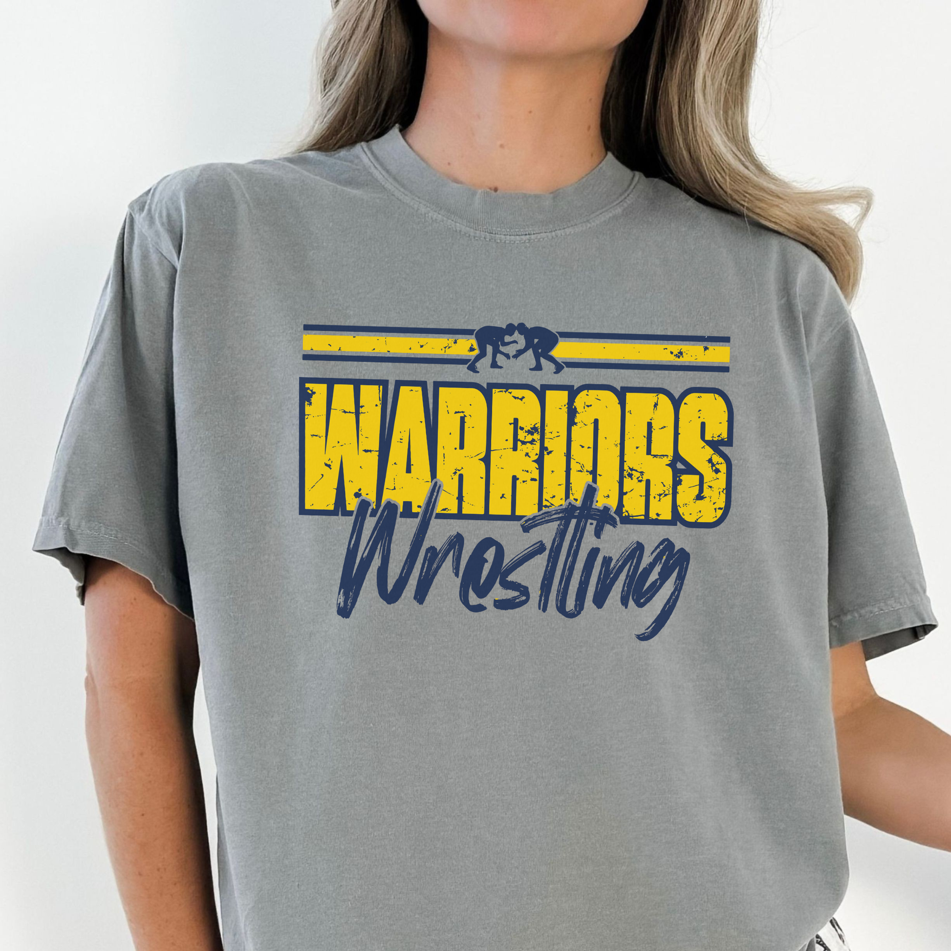 Sterling High Warriors Wrestling t-shirt in gray worn by female model, school spirit wrestling apparel