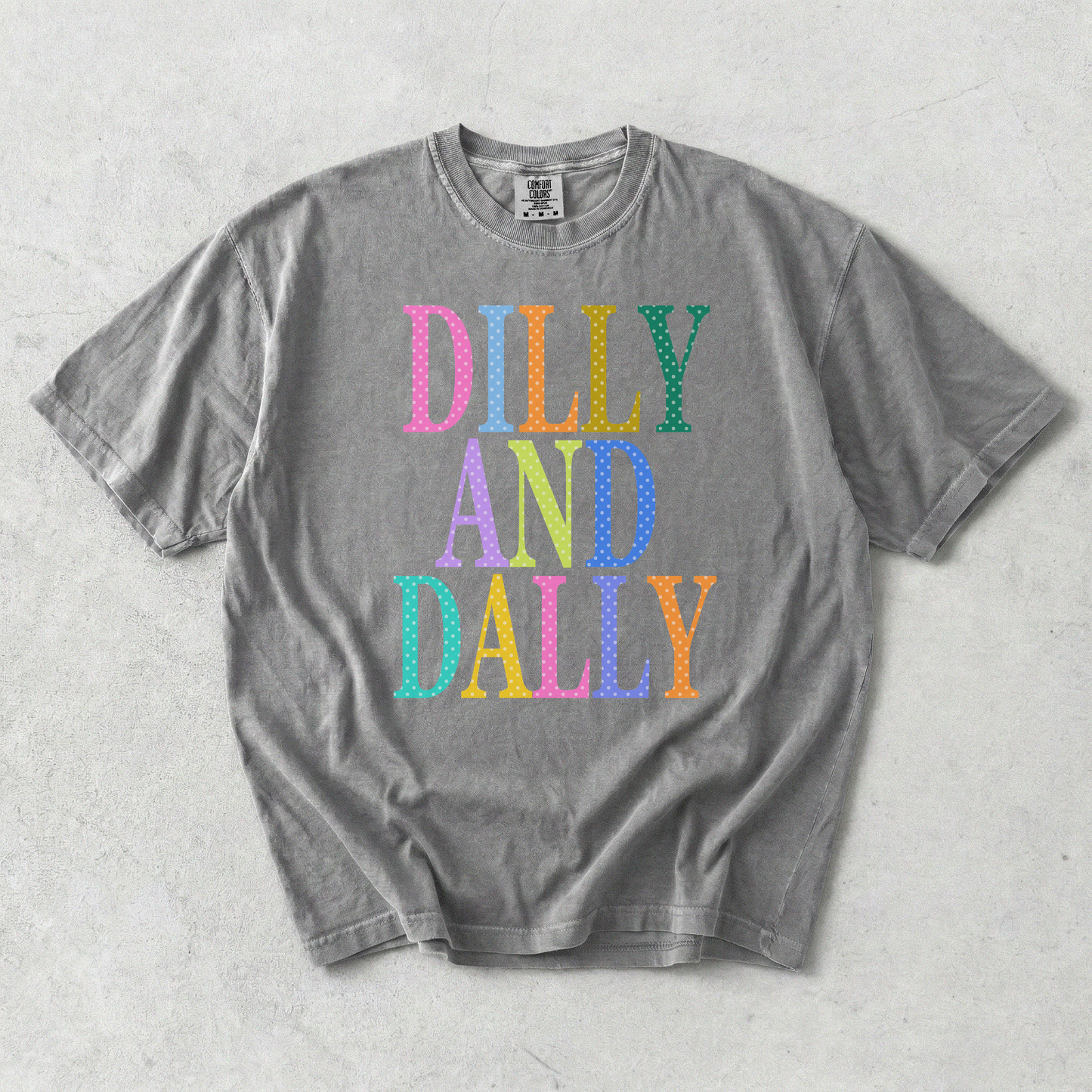 Grey Comfort Colors oversized graphic tee featuring colorful retro Dilly and Dally typography design