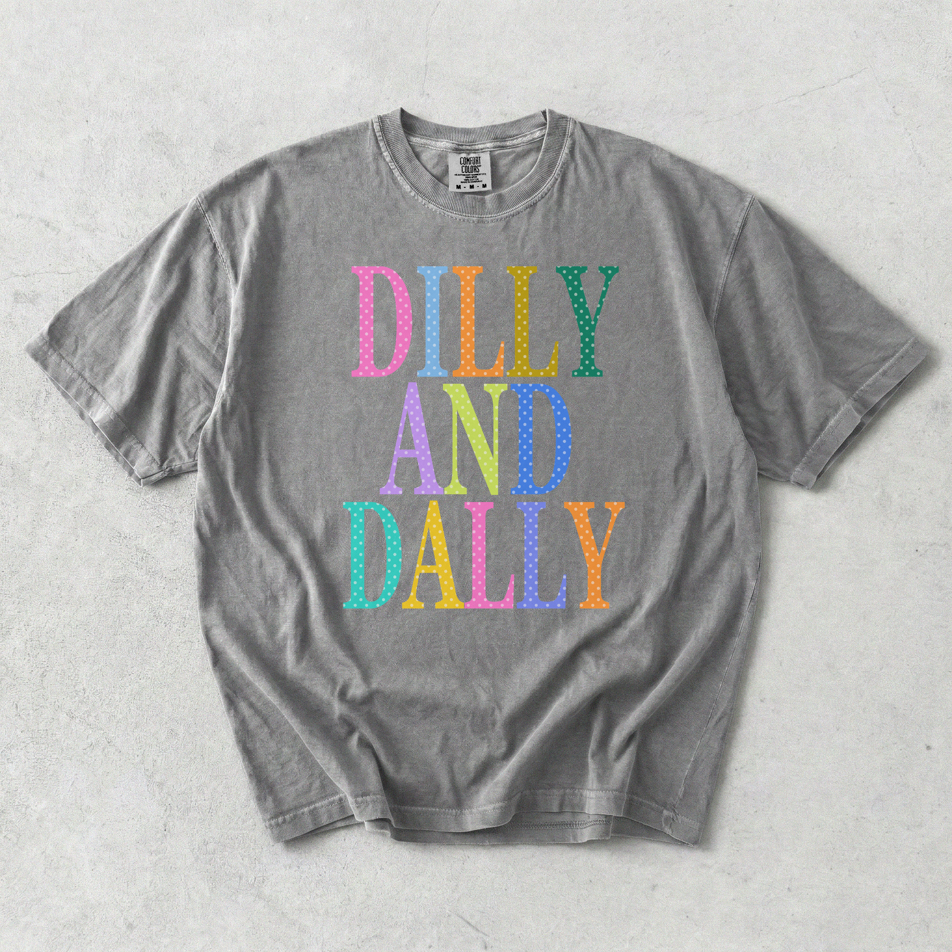 Grey Comfort Colors oversized graphic tee featuring colorful retro Dilly and Dally typography design
