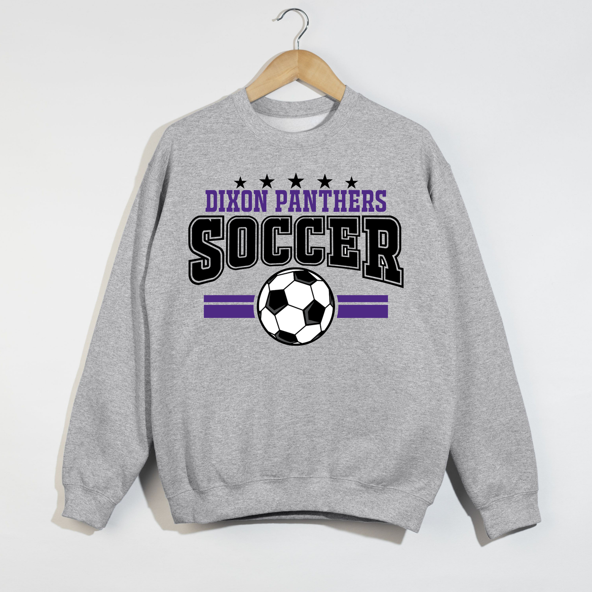Heather grey Dixon Panthers soccer sweatshirt featuring collegiate lettering stars and soccer ball