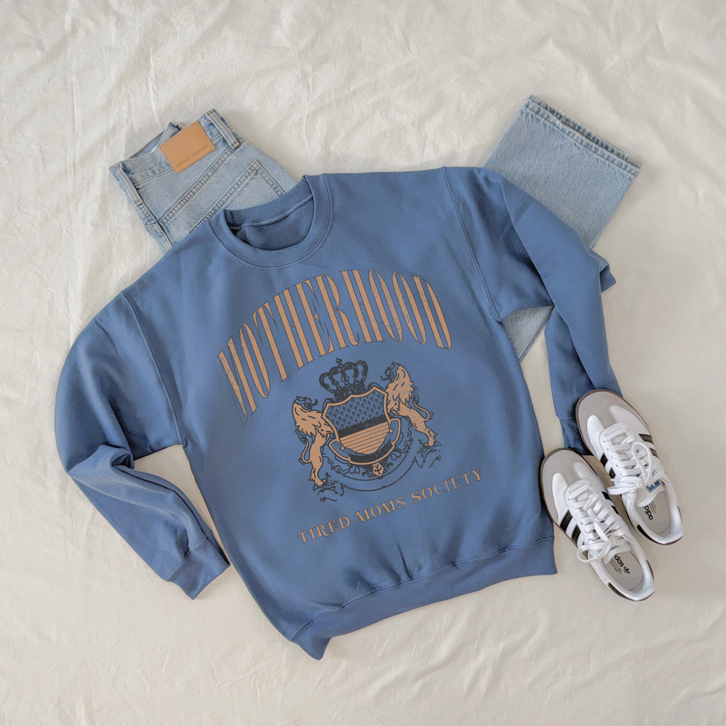 blue motherhood sweatshirt flat lay casual outfit mom style crewneck