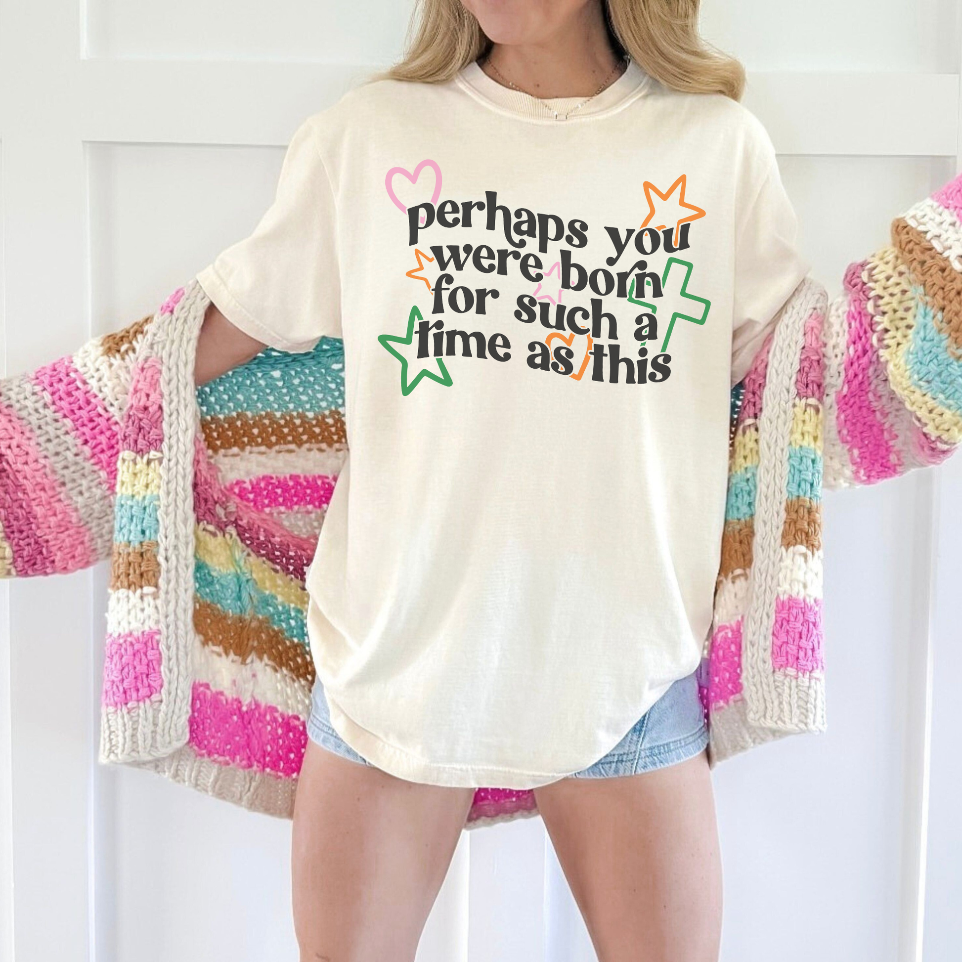 Comfort Colors ivory tee with inspirational quote “Born for Such a Time as This” — faith-based boutique apparel