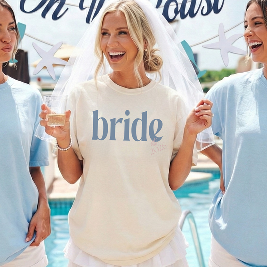 Bride Est. 2026 ivory Comfort Colors t-shirt worn at bridal party celebration