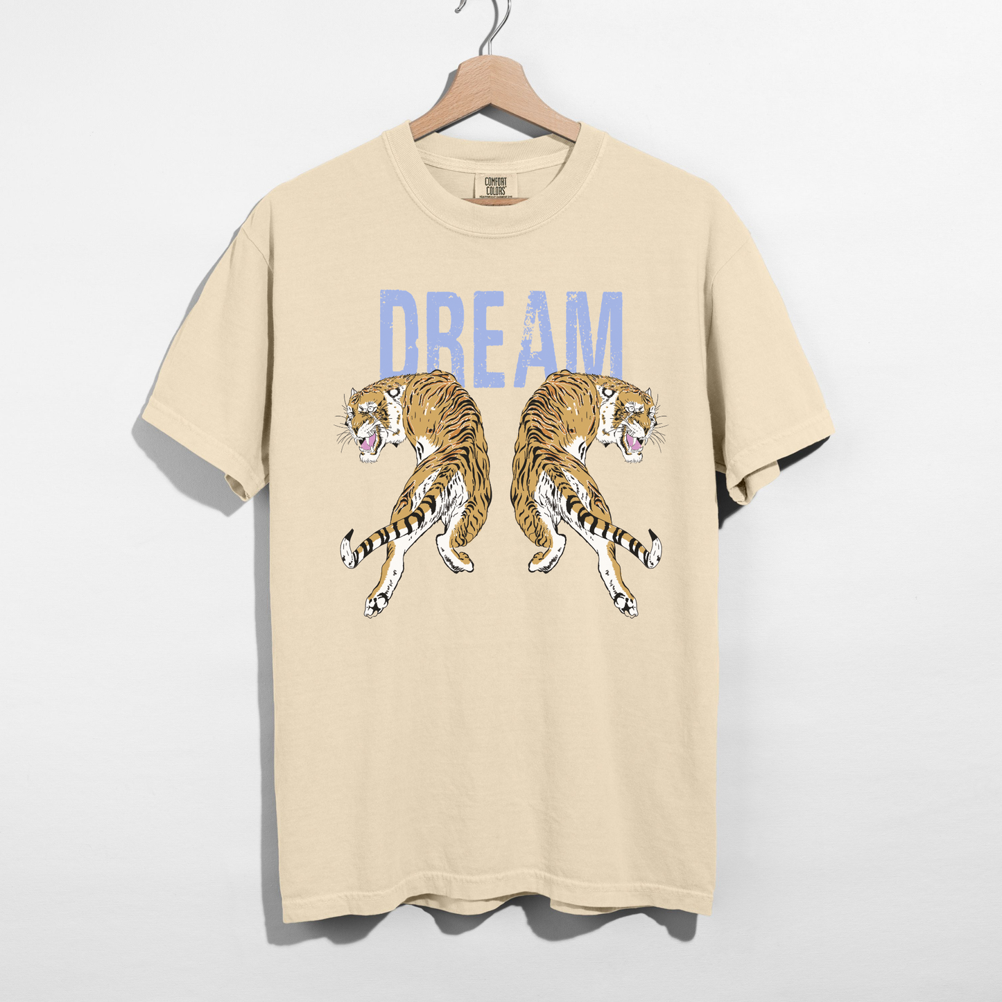 Ivory Dream Tiger tee with bold tiger graphic and relaxed unisex fit