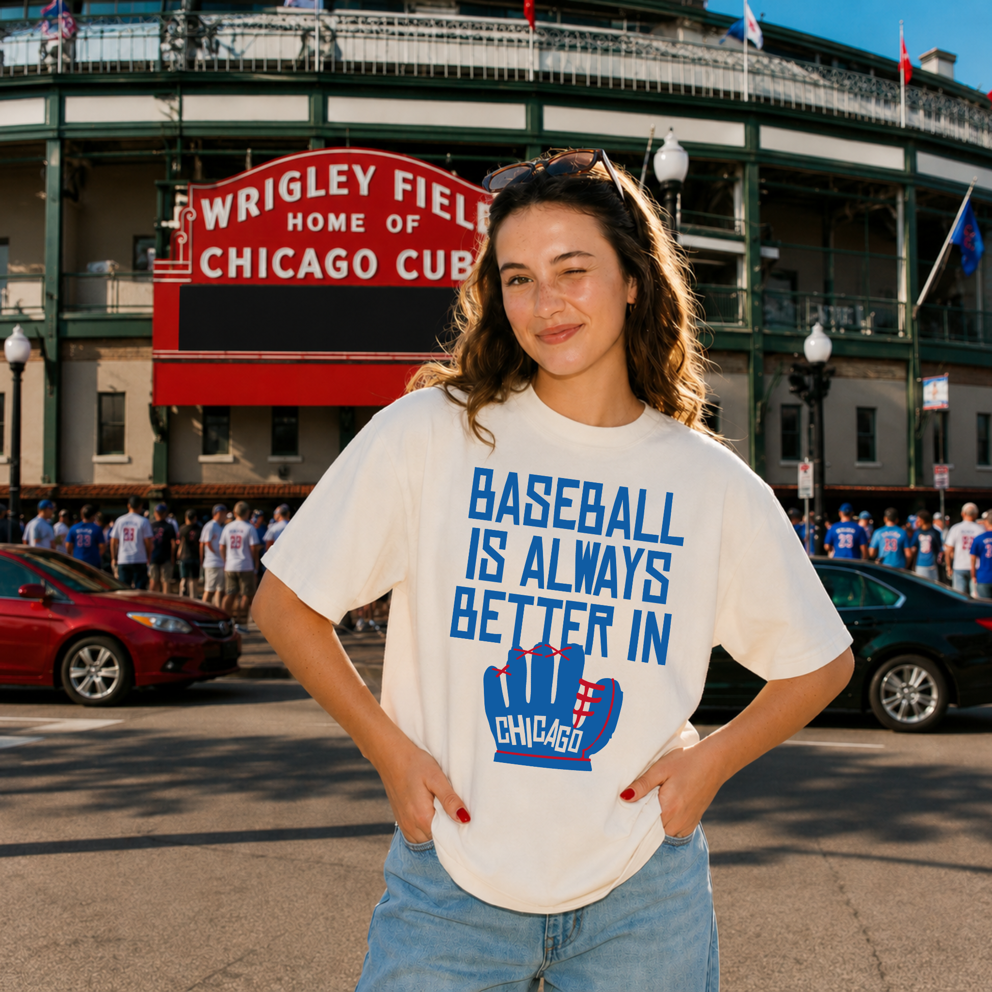Woman wearing ivory Chicago baseball graphic tee in front of Wrigley Field with vintage sporty baseball glove design