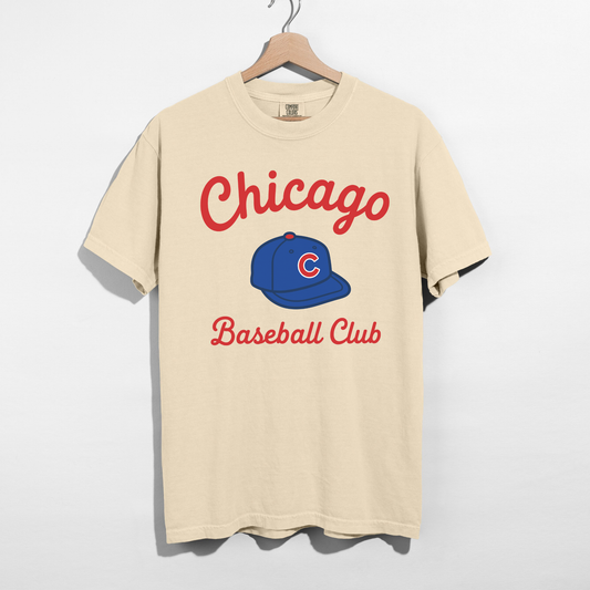 Ivory Comfort Colors Chicago Baseball Club graphic tee with retro baseball cap design flat lay