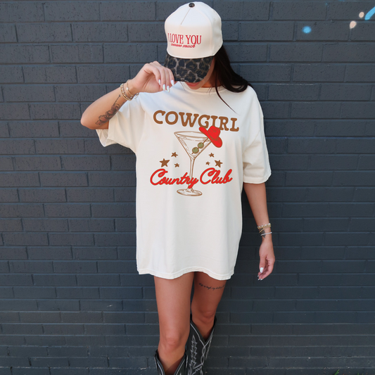 cowgirl country club graphic tee ivory oversized western shirt cowgirl martini design front view