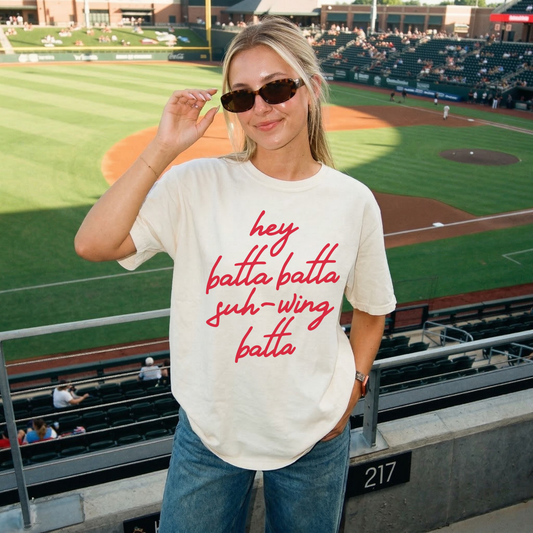 Ivory funny baseball shirt hey batta batta swing batta graphic tee styled at baseball game stadium