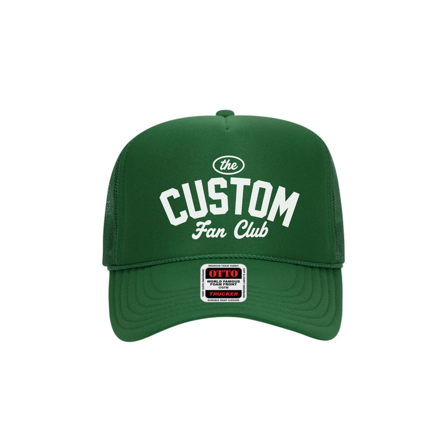Kelly green custom team fan club trucker hat with personalized collegiate design.